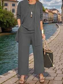 女士休闲纯色三件套：外套/开衫 + 圆领无袖上衣 + 松紧腰直筒裤，柔软弹力面料，宽松舒适，适合春/秋/冬穿着。 - 深灰色 - 查看 3