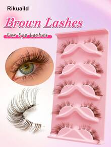Rikuaild 5 Pairs Brown Cat Eye False Eyelashes, Transparent Band Fox Eye Lashes, Brown Faux Mink Eyelashes, Criss-Cross Fluffy Strip Lashes, Natural Look Fake Eyelashes, Eyelash Extension Makeup - 狐狸眼睫毛 - 查看 1