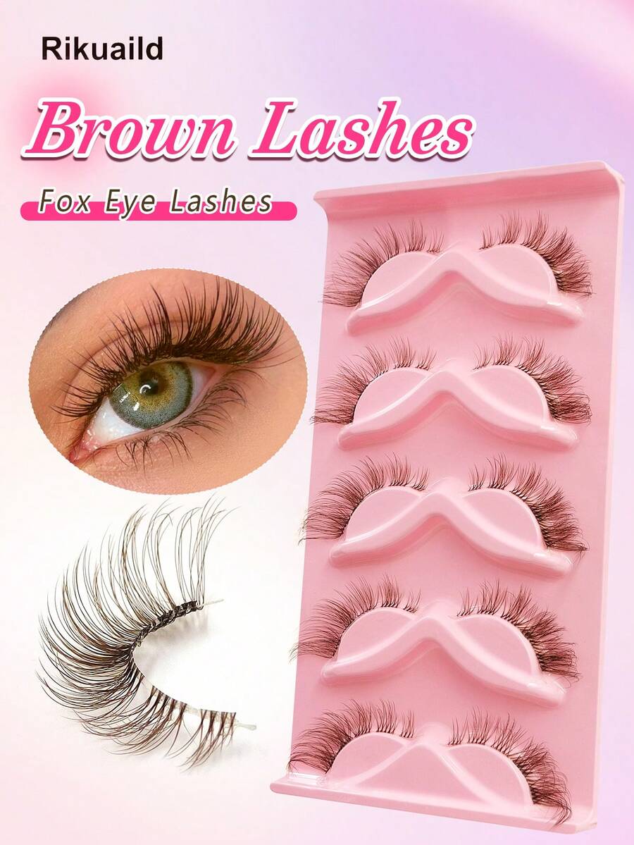 Rikuaild 5 Pairs Brown Cat Eye False Eyelashes, Transparent Band Fox Eye Lashes, Brown Faux Mink Eyelashes, Criss-Cross Fluffy Strip Lashes, Natural Look Fake Eyelashes, Eyelash Extension Makeup - 狐狸眼睫毛 - 查看 1