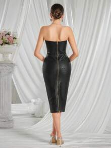 黑金印花紧身无袖裹臀晚礼服、派对礼服，适合鸡尾酒会