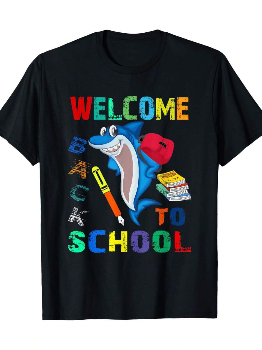 Camiseta gráfica de bienvenida de regreso a la escuela para mujer, camiseta con estampado de tiburón de manga corta y cuello redondo de algodón negro de 180 g, camiseta divertida e informal de moda para profesores y estudiantes - Negro - Ver 1