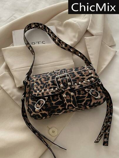 Fashionable Colorblock Leopard Print Rivet Decor Punk Style Underarm Flap Cover Shoulder Bag, Suitable For Shopping, Wallet Carrying, Young Women, College Students, Career Starters, And White-Collar Workers. Ideal For Office, University, Work, Business, Commuting, Outdoor Activities, Travel And Excursions. Stylish Leopard Print Handbag For Autumn/Winter, New Arrival Tiger Print Handbag For Autumn/Winter.