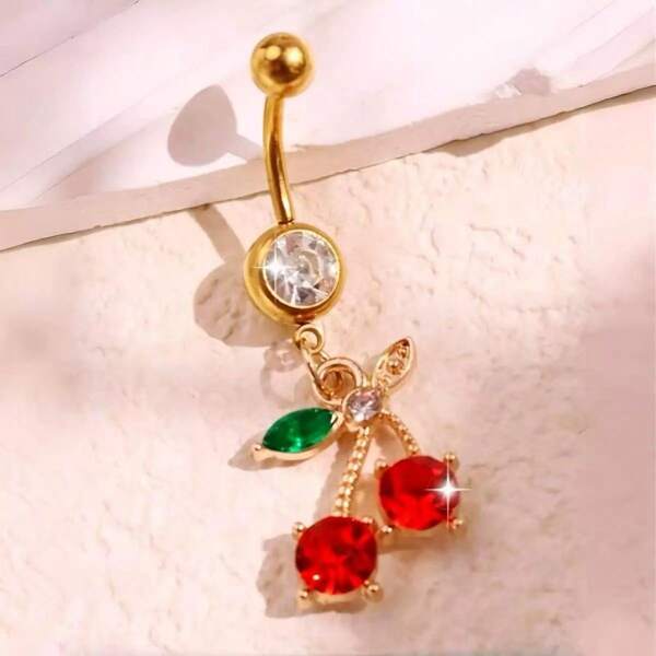 1pc Stainless Steel Cherry Pendant Women Navel Rings, Silver/Gold Crystal Belly Button Ring, Body Piercing Jewelry