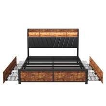 Cama de hierro 180*200 cm, canapé con 4 cajones, cama de matrimonio con espacio de almacenaje, cabecero tapizado y estructura de metal, cama adulto, cama juvenil, color marrón