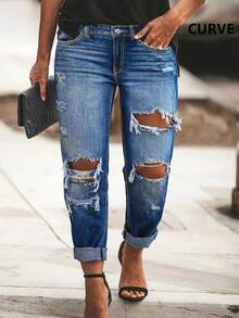 2025 European And American Spring And Summer New Casual Mid-Waist Ripped Straight Pants Street Style Long Jeans For Women - Dark Wash - View 2