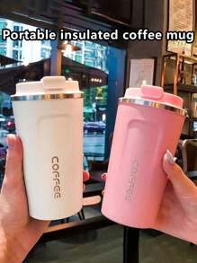 1pc/380ml/510ml Stainless Steel Coffee Cup, Portable Latte Coffee Cup, Travel Mug, Double Layer Stainless Steel Coffee Pot, Iced Tea Cup, Insulated Flat Bottom Cup, Bottle With Anti-Slip Shell, Travel Portable European High-End Latte Cup Suitable For Milk, Coffee, Tea, Juice Back To School