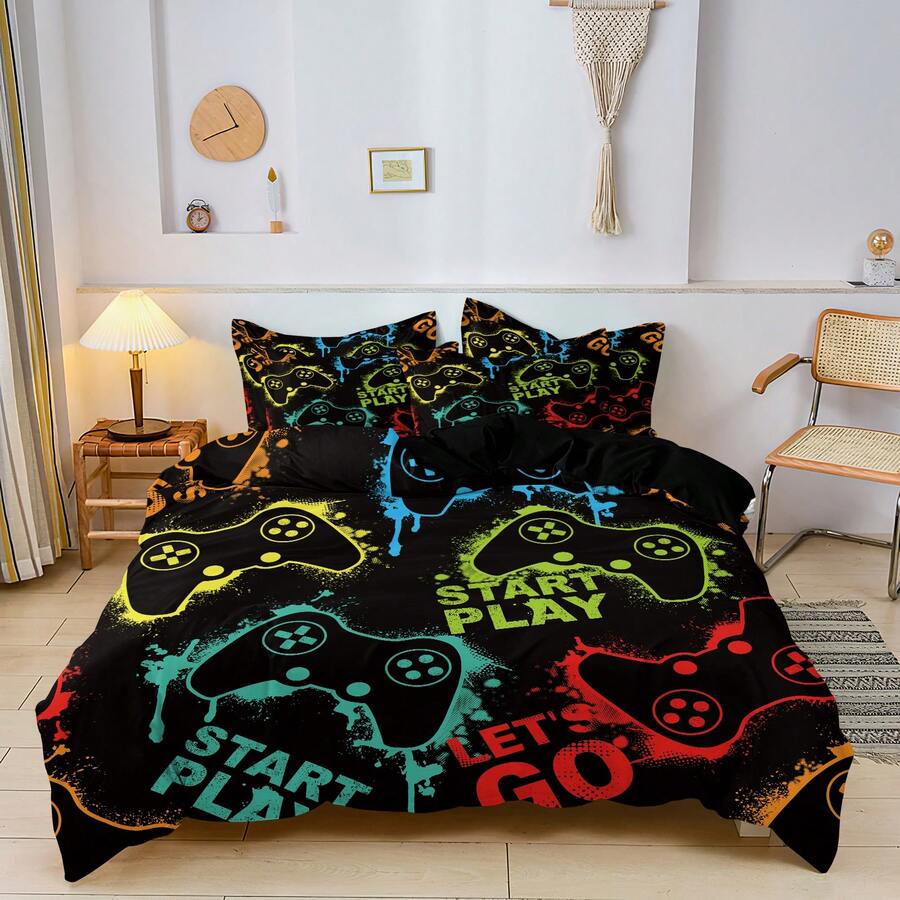 Juego de edredón de 3 piezas con diseño de mandos de videojuegos, juego de ropa de cama con gráficos de mandos de videojuegos abstractos, decoración para habitaciones de niños y niñas. Juego de funda de edredón con mandos de juego coloridos que incluye 2 fundas de almohada y 1 funda de edredón (sin relleno), hecho de 100% poliéster. - Multicolor - Ver 1