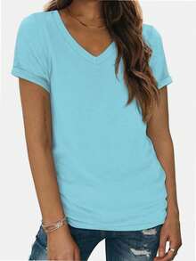 VERACT Women's Loose Fit Casual T Shirt Summer Tassel V Neck Short Sleeve Top - 綠松石 - 查看 1