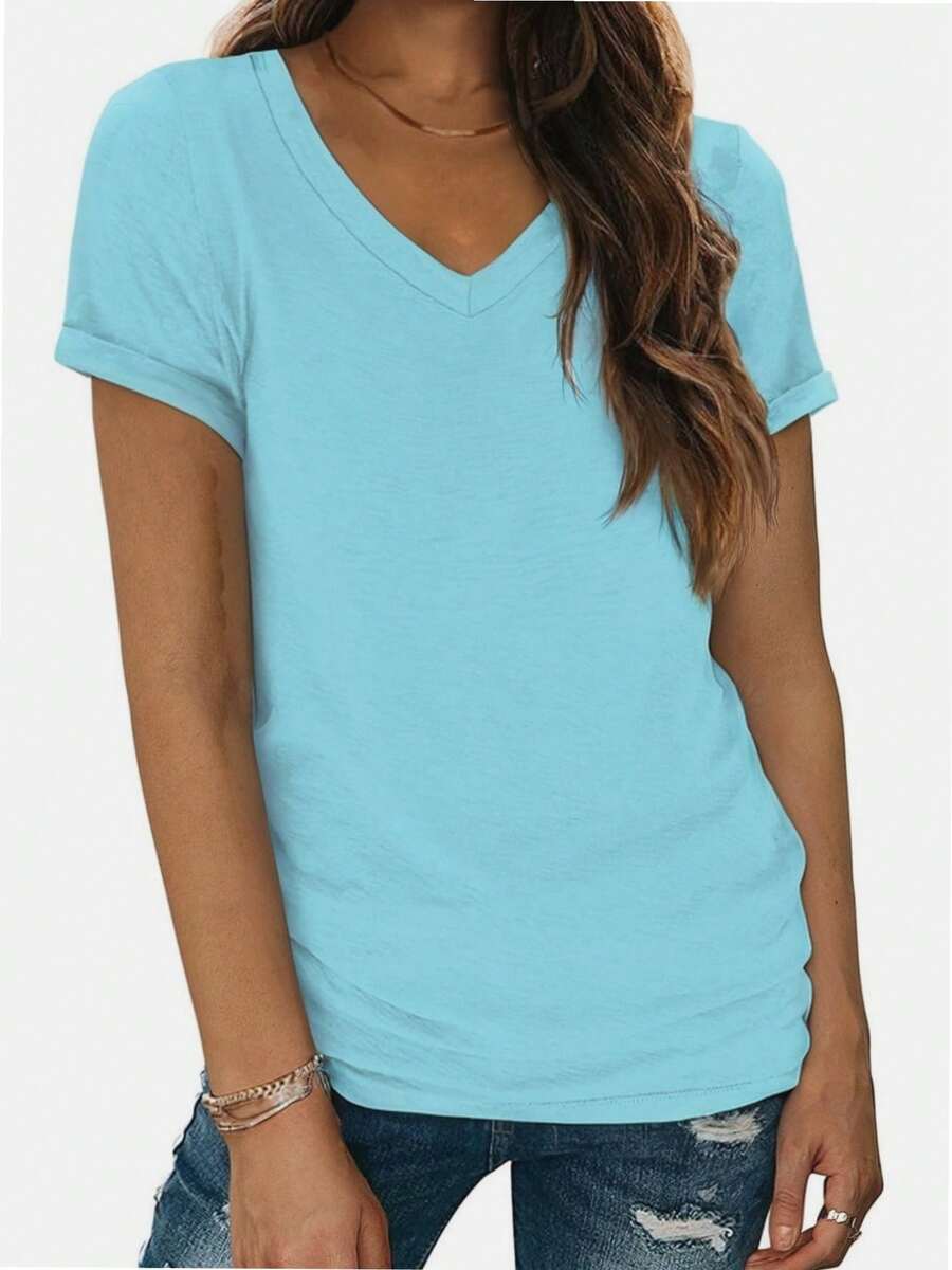 VERACT Women's Loose Fit Casual T Shirt Summer Tassel V Neck Short Sleeve Top - 綠松石 - 查看 1