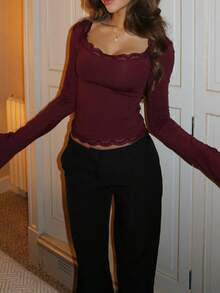 Women Bell Long Sleeve Top Square Neck Lace Trim Slim Fit Crop Blouse Y2k Solid Tunic Tee Shirt - 酒紅色 - 查看 2