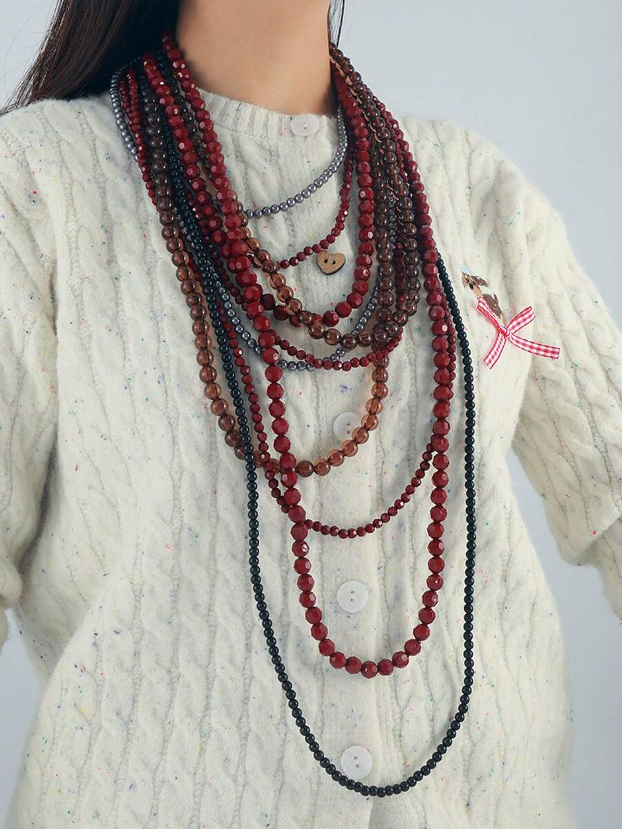 1Pc ZAA Multi-Layer Stacked Handmade Bead Necklace Exaggerated Waterfall Shaped Long Collarbone Chain Women's Jewelry Necklace Accessories Gifts - Multicolor - View 1