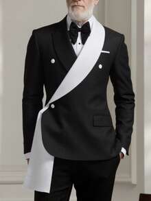1 Pc Men White Blazer With Black Shawl Lapel Single Breasted One Button Slim Fit Formal Tuxedo Jacket For Wedding Birthday Party - màu đen - Xem 5