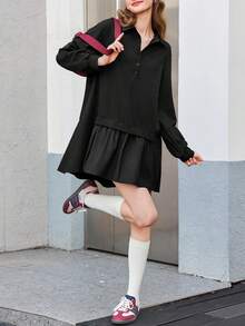 Fisoew Women's Oversized Sweatshirt Dress 2024 - Long Sleeve V Neck Patchwork Pullover Top - Loose Fit Mini Dress Y2K Vintage Grunge Aesthetic Casual Loungewear Tennis Dress - màu đen - Xem 3