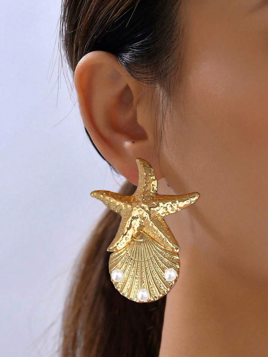 1 对金属海洋主题时尚耳环，采用海星和贝壳仿珍珠设计，适合海滩、派对、度假 - 金色 - 查看 1