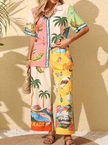 Women's Two Pieces Set, Boho Beach Palm Tree Print, Casual And Fashionable Bohemian Elegant Set For Women Summer - Multicolor - View 4