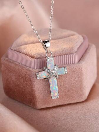 Collar con dije de cruz de plata esterlina 925 con ópalo blanco de 3.6g, viene con caja de regalo, para mujer