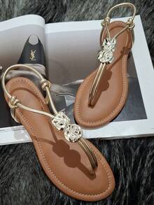 Women's Caramel Flat Sandal With Adjustable Embellishment - Vàng - Xem 1