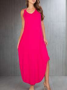 Women's Elegant Sleeveless V-Neck Knitted Fabric Long Dress With Asymmetrical Hem And Split Thigh Casual Loose Fit - 紫紅色 - 查看 1