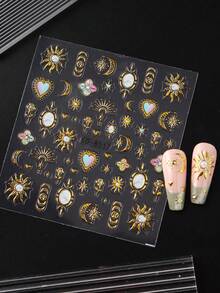 2片浮雕日月星花美甲贴纸，波西米亚哥特风设计，圣心星座美甲饰品，美甲贴片装饰，美甲用品 - 彩色 - 查看 7