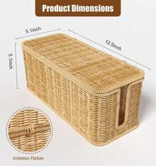 1pc Cable Management Box,Handwoven Imitation Rattan Cord Hider Organizer Box With Lid,2 Open Slots Cable Organizer Box For Tv Computer USB Hub To Hide Power Strips & Cords - Brown - View 3