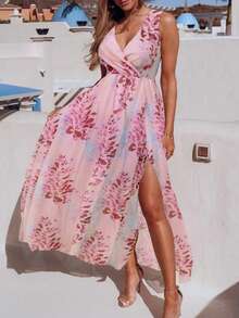 Women Floral Printing V Neck Sleeveless Side Sliting Summer Long Dress, Boho, Vacation, Summer Dress, Wedding, Vacation Outfits Women,Old Money, Saint Patrick St Patrick Day Outfit, Easter Dress Women,Backless Dress, Cowgirl Outfit, Wedding Dress - 粉色 - 查看 8