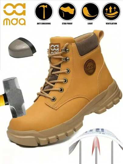 男女舒适工作鞋，防砸、防刺、耐磨，钢头设计，黑/黄配色，高帮抗压工作鞋，适用于建筑、园艺等行业，安全防护，男女通用。