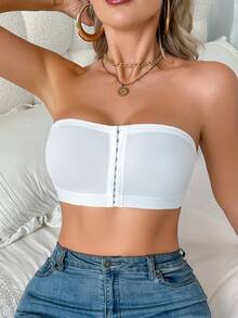 1pc Solid Color Casual & Comfortable Minimalist Knitted Front-Closure Seamless Bralette For Women, All Season - White - View 6