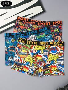 3PCS Men's Underwear, Random Graffiti Print, Elasticated Waistband And Stretch Men's Boxers