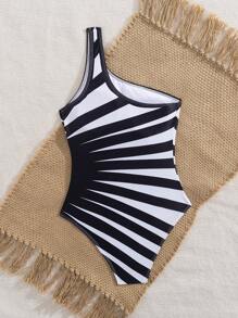European & American Style Striped One-Piece Swimsuit, Vacation Beach Swimming Suit For Women