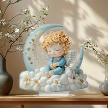 Placa decorativa plana 2D de ángel en forma de media luna de acrílico, de una sola pieza, con soporte - Decoración interior/exterior para festividades, adecuada para Halloween, Pascua, Día de la Madre, Día del Padre, San Patricio - Decoración para el hogar, oficina, cafetería, sin necesidad de electricidad, arte de pared de oficina | Decoración | Patrón de ángel, Decoración de Halloween, plano 2D