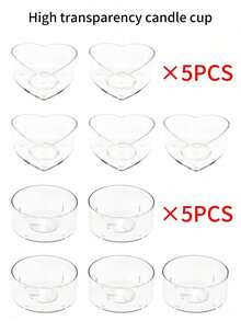 10-100 piezas Tazas de cera para lámpara de té de acrílico (5 piezas en forma de corazón + 5 piezas redondas) Suministros para la producción de velas con forma de corazón y aromáticas para decoración del hogar - transparente - Ver 2