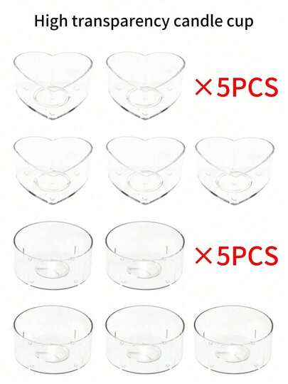 10-100 piezas Tazas de cera para lámpara de té de acrílico (5 piezas en forma de corazón + 5 piezas redondas) Suministros para la producción de velas con forma de corazón y aromáticas para decoración del hogar