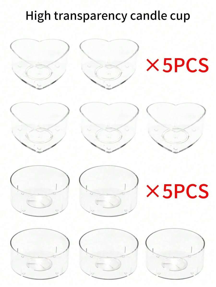 10-100 piezas Tazas de cera para lámpara de té de acrílico (5 piezas en forma de corazón + 5 piezas redondas) Suministros para la producción de velas con forma de corazón y aromáticas para decoración del hogar