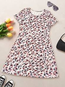 Vestido casual y versátil de mujer con estampado floral diminuto para las vacaciones de verano - Caqui - Ver 2