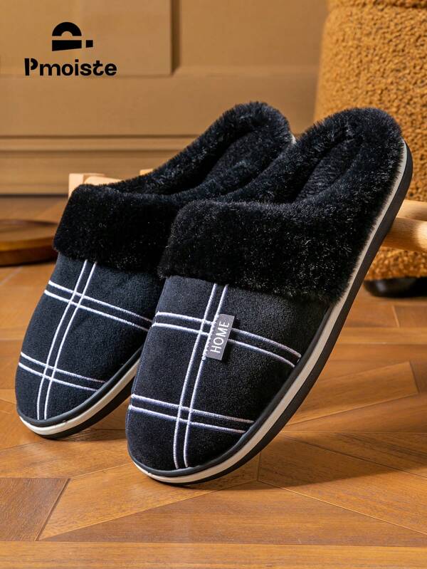 Fur Slippers For Men Winter Plaid Memory Foam Soft Non-Slip Bedroom Shoes Fashion Comfort Warm Male Slipper