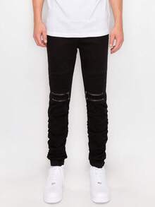 VICTORIOUS Twill Stacked Jogger Pants Zipper Details Five Pocket Stright Fit Stretch Fabric - 黑色 - 查看 2