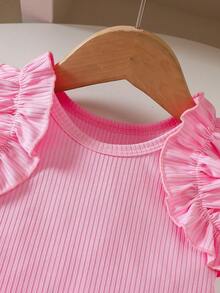 2pcs Baby Girl Cute Floral Ruffle Sleeve Ribbed Top & Butterfly Print Bow Skirt Set, Suitable For Summer - Pink - View 4