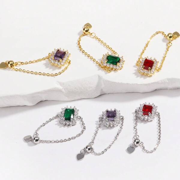 Anelli regolabili in catena placcata oro 18 carati con zirconi quadrati di lusso nei colori verde, rosso e viola, elegante anello con zircone bianco come regalo per feste per donne