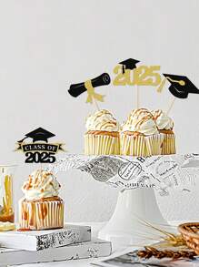 12pcs/Set 2025 Graduation Cupcake Toppers, 2025 Shiny Graduation Cupcake Decorations, 2025 Grad Class Congratulations Graduation Cap & Diploma Cupcake Picks, 2025 Blue And Black, Gold