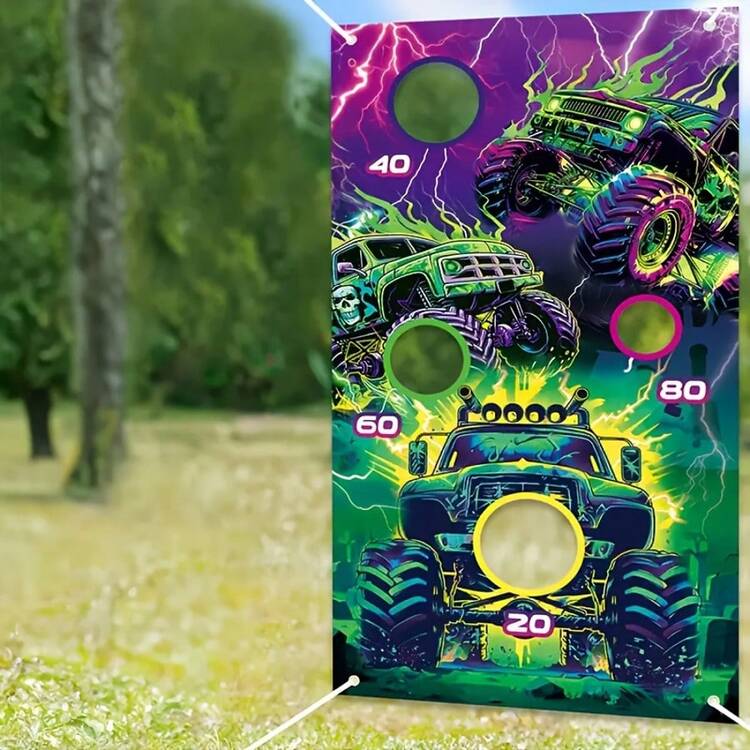 1 Set Juego de lanzamiento de sacos de frijol con temática de monster truck, que incluye bandera con patrón vívido, bandera duradera de poliéster con 4 sacos de frijoles, juego de lanzamiento multifuncional, adecuado para varias ocasiones, sin necesidad de electricidad - Multicolor - Añade 6