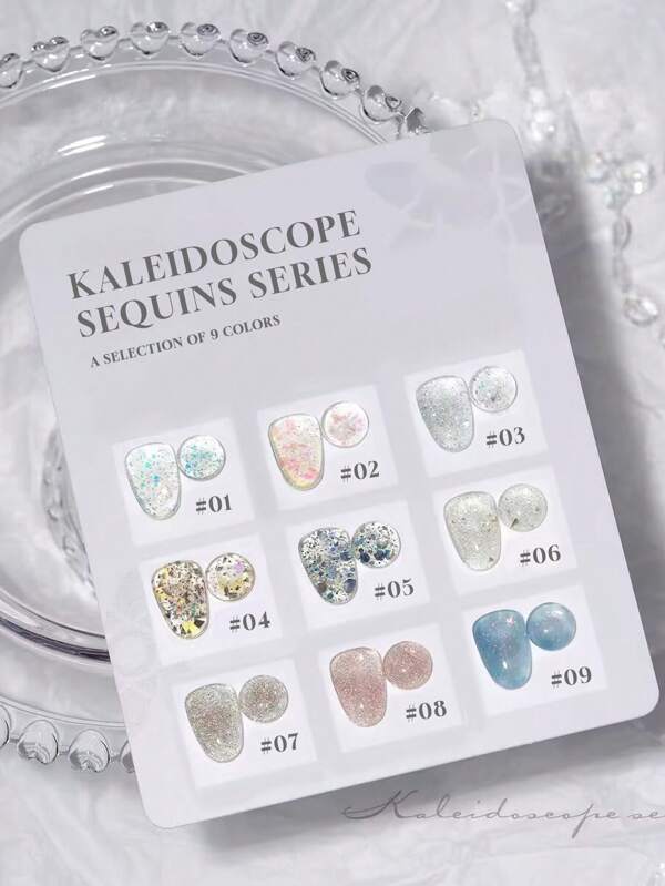 Miss Leia 9 Stücke Set 15ml Sommerserie Kaleidoskop Gel-Nagellack mit Aufhelleffekt, universell einsetzbare, farbenfrohe, glitzernde und funkelnde Diamantsequin Nagellacke. Perfekt für Nagelstudio, Schönheitssalon, DIY Zuhause, Reise, Feiern und als Geschenk für Frauen. Geeignet für UV/LED-Aushärtung und abweichbar. Vielseitige Nagelkunst-Designs für alle Jahreszeiten.
