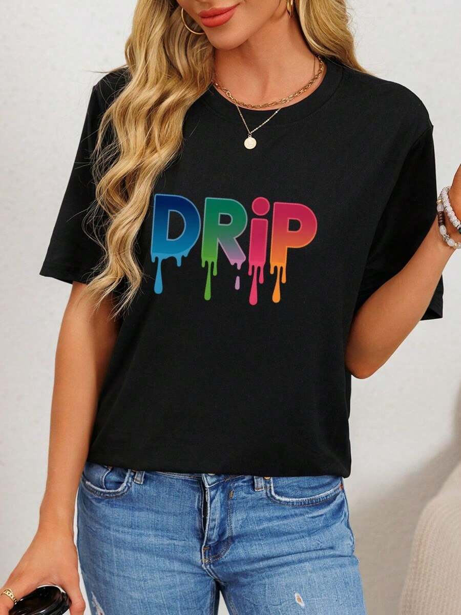 Camiseta negra con estampado de letras de goteo de manga corta y cuello redondo de algodón de 180 g para mujer, camiseta gráfica informal, top ligero de verano, ropa de calle de moda - Negro - Ver 1