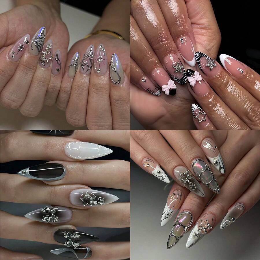 Instantly Upgrade Your Look With 96pcs/4pcs Set Personality Vintage Street Classic Goth Style Black White French Style Crocodile Stripes&3D Metal Silver Star ,Heart , Bow-Knot Decot&3D Butterfly Pattern, Irregular Y2K Flame Graffiti Purple Blush Medium Almond Fake Press On Nail Kit,Suitable For Punk Girls To Use In Daily Life,Will Give You Look A Cool