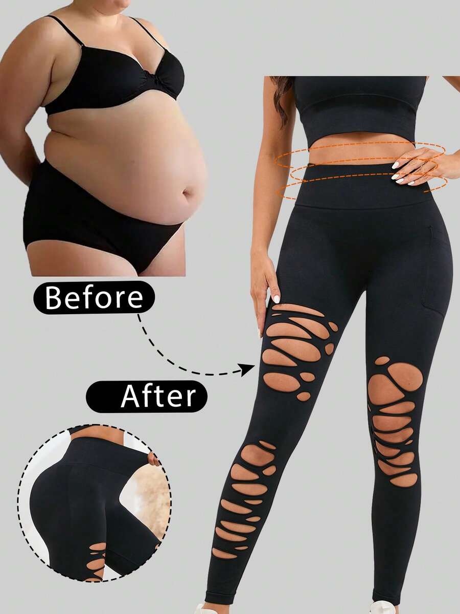 1pc Seamless Hollow-Out High Waist Elastic Skinny Leggings, Sporty Casual Slimming Pants - 黑色 - 查看 1