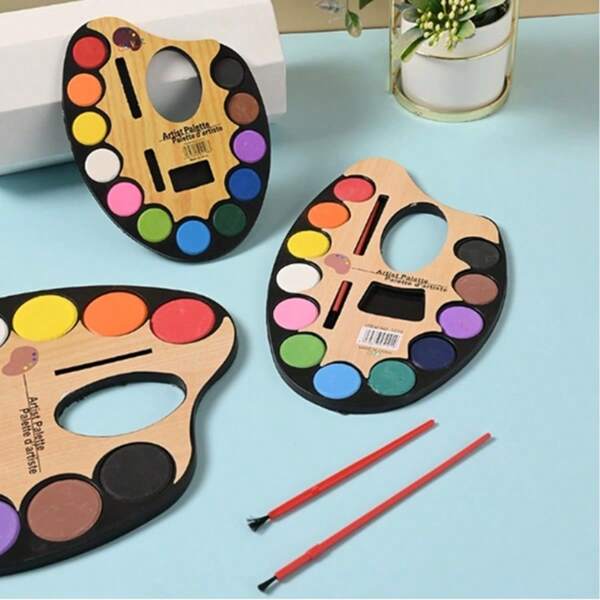 Set van 12 aquarelverfkleuren met palet en penselen, vaste cakepigmenten, geschikt voor beginners, afwasbaar, in gelvorm, creatieve kunstschilderset voor doe-het-zelf, schilderen en graffiti - accessoireset in doos