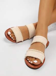 Teenagers/Students New Minimalist Fashion Comfortable Strap Slides Sandals, Lightweight Casual Slippers For Travel Holiday Beach, Beige And Black