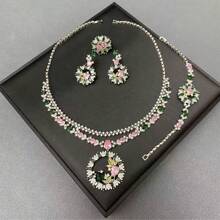 Juego de joyería para mujer con colgante, pendientes, anillo, brazalete, diseño floral con circonita cúbica y gemas de colores, juego de joyería de novia/boda, juego de joyería para vestido de noche