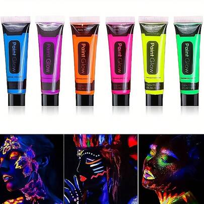 14.2ml 6 Pcs UV Fluorescent Neon Blacklight Body And Face Paint, Washable Quicker Dry, For Halloween Makeup Party Fancy Dress Beauty Makeup