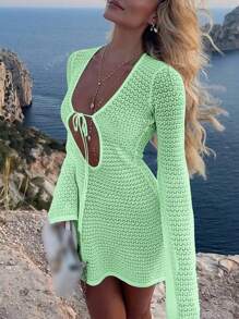 Vestido de manga larga femenino con diseño hueco y translúcido, de estilo romántico y casual para primavera y verano