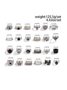 24pcs Fashionable Street Punk Style Skull & Letter Print Rings Set, Men's Casual Everyday Accessories